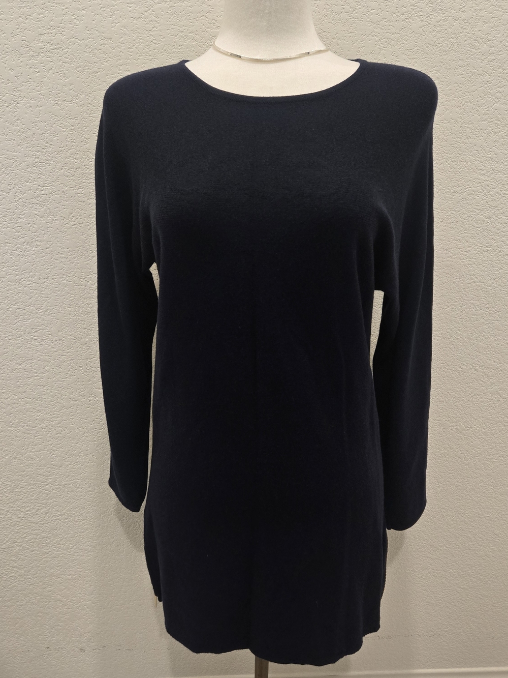 Joan Vass Navy Crew Neck Knit Top With Zippers On The Side